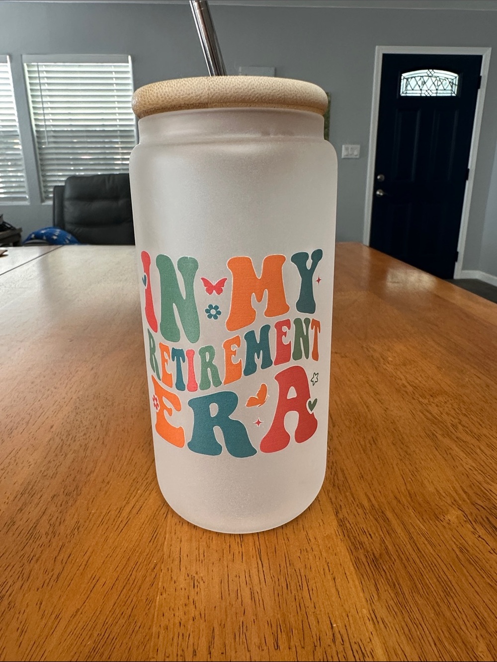 Glass water bottle “In my retirement era.” NWT